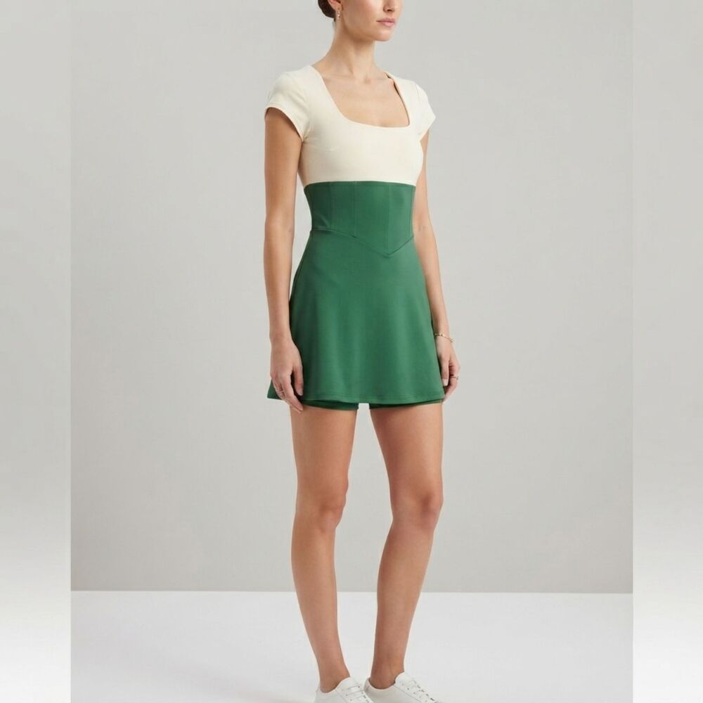 STAUD NWT Green White Colorblock Dress Romper Skort Short Sleeve Activewear L